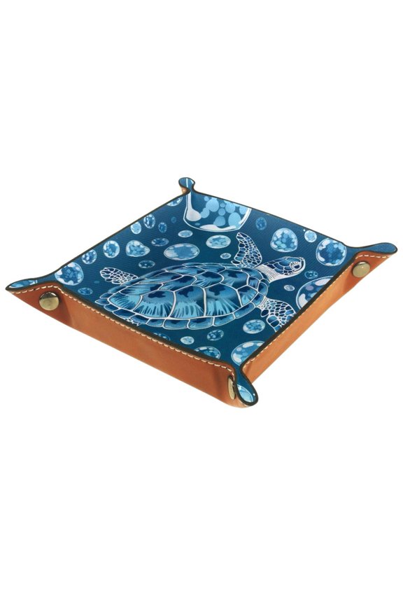 Women Girls Leather Square Dish Trinket Plate Jewelry Tray for Mothers Day Birthday Gift, Blue Turtle Bubbles Pattern