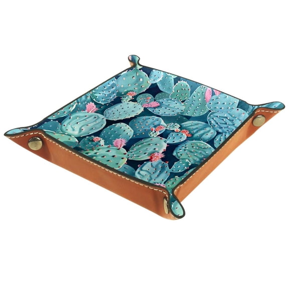 Women Girls Leather Square Dish Trinket Plate Jewelry Tray for Mothers Day Birthday Gift, Cactus Plant Pattern