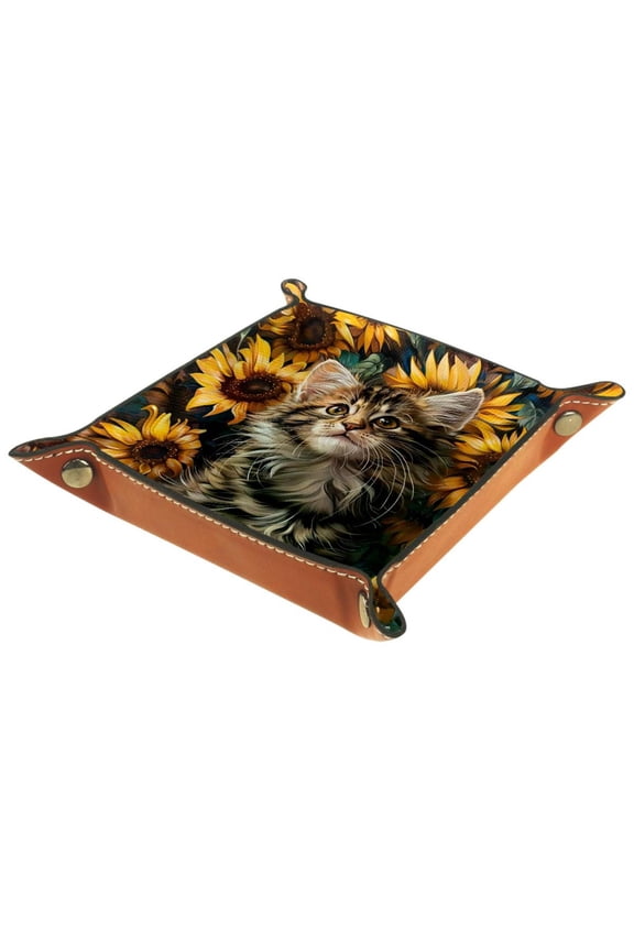 Women Girls Leather Square Dish Trinket Plate Jewelry Tray for Mothers Day Birthday Gift, Cat Kitten Sunflowers