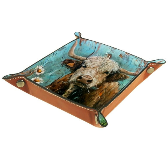 Women Girls Leather Square Dish Trinket Plate Jewelry Tray for Mothers Day Birthday Gift, Cattle Rustic Highland Cow Teal Daisy