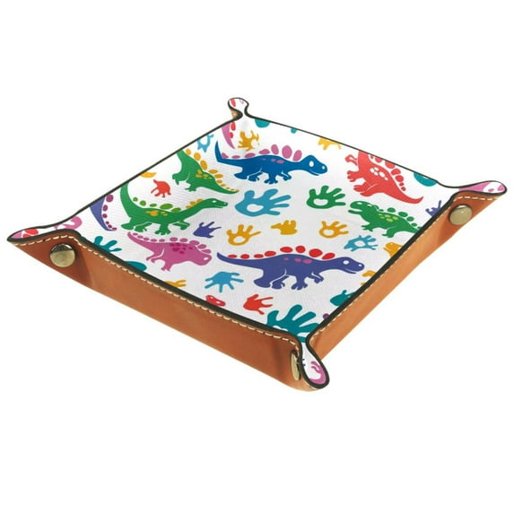 Women Girls Leather Square Dish Trinket Plate Jewelry Tray for Mothers Day Birthday Gift, Colorful Dinosaurs Footprint Pattern