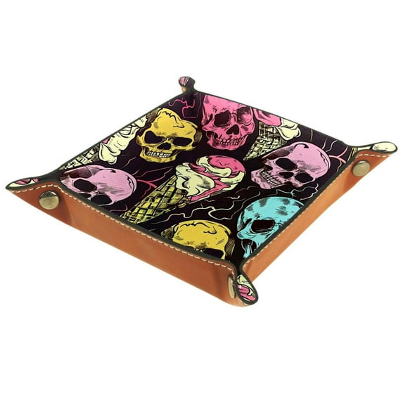 Women Girls Leather Square Dish Trinket Plate Jewelry Tray for Mothers Day Birthday Gift, Colorful Ice Cream Skulls Pattern