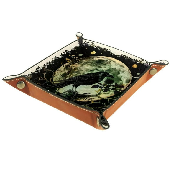 Women Girls Leather Square Dish Trinket Plate Jewelry Tray for Mothers Day Birthday Gift, Crow Moon Tree Leaves