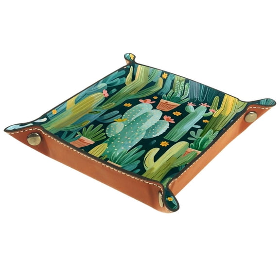 Women Girls Leather Square Dish Trinket Plate Jewelry Tray for Mothers Day Birthday Gift, Cute Cactus Pattern