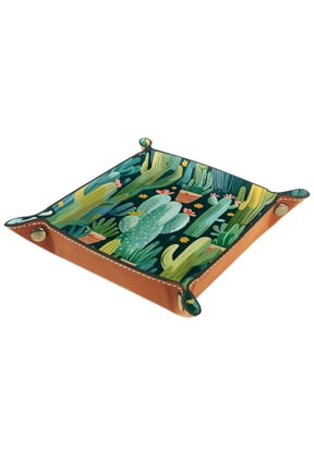 Women Girls Leather Square Dish Trinket Plate Jewelry Tray for Mothers Day Birthday Gift, Cute Cactus Pattern