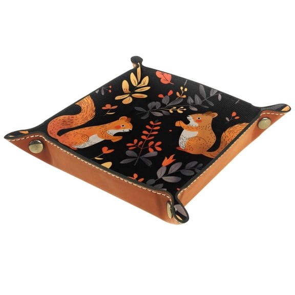 Women Girls Leather Square Dish Trinket Plate Jewelry Tray for Mothers Day Birthday Gift, Cute Squirrel Bird in Forest Pattern