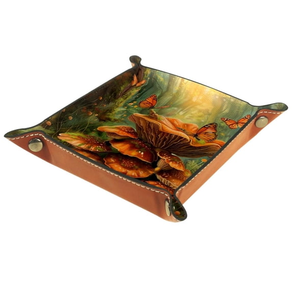 Women Girls Leather Square Dish Trinket Plate Jewelry Tray for Mothers Day Birthday Gift, Forest Mushrooms Butterflies