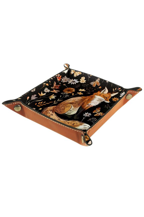 Women Girls Leather Square Dish Trinket Plate Jewelry Tray for Mothers Day Birthday Gift, Fox and Flowers Pattern