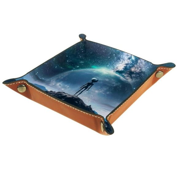 Women Girls Leather Square Dish Trinket Plate Jewelry Tray for Mothers Day Birthday Gift, Galaxy Space Alien