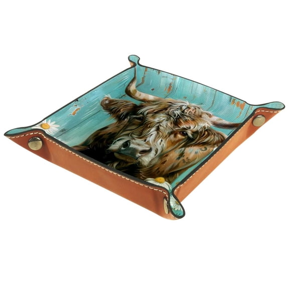 Women Girls Leather Square Dish Trinket Plate Jewelry Tray for Mothers Day Birthday Gift, Highland Cow Teal Daisy on Rustic Wooden