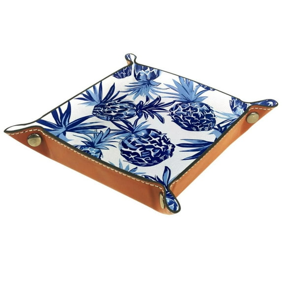 Women Girls Leather Square Dish Trinket Plate Jewelry Tray for Mothers Day Birthday Gift, Navy Blue Pineapple Pattern