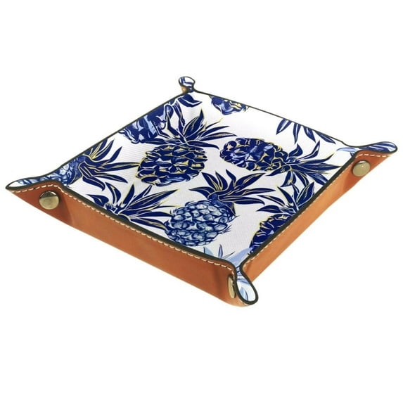 Women Girls Leather Square Dish Trinket Plate Jewelry Tray for Mothers Day Birthday Gift, Pineapple Navy Blue Pattern