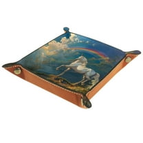 Women Girls Leather Square Dish Trinket Plate Jewelry Tray for Mothers Day Birthday Gift, Rainbow Unicorn Painting