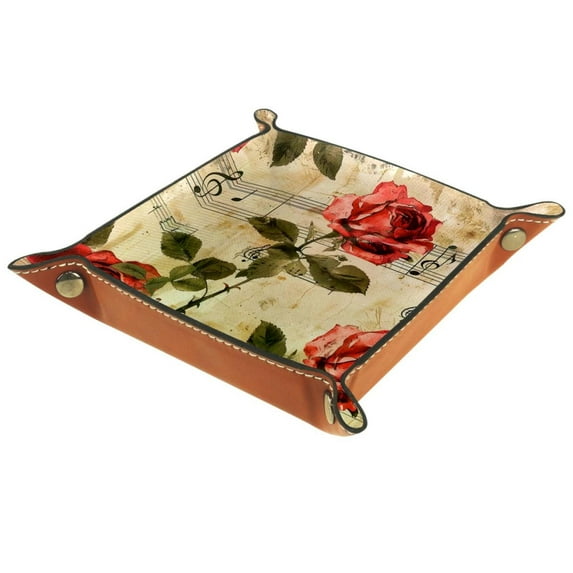 Women Girls Leather Square Dish Trinket Plate Jewelry Tray for Mothers Day Birthday Gift, Red Rose Flower Music Notes Pattern