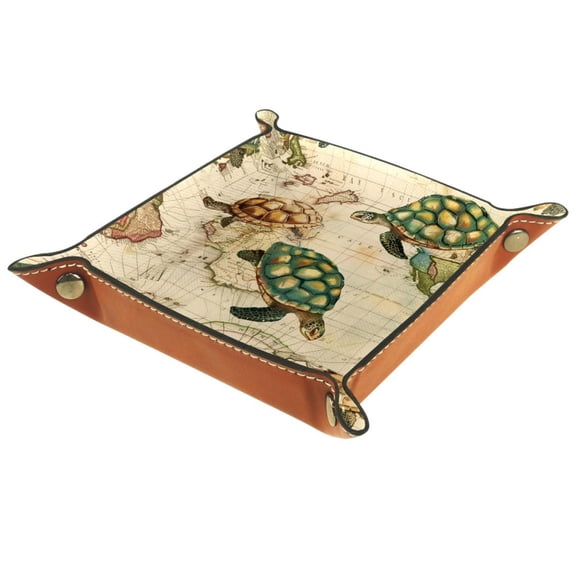 Women Girls Leather Square Dish Trinket Plate Jewelry Tray for Mothers Day Birthday Gift, Retro Map Cute Sea Turtle