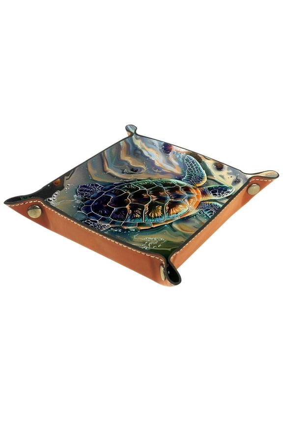 Women Girls Leather Square Dish Trinket Plate Jewelry Tray for Mothers Day Birthday Gift, Sea Turtle Beach