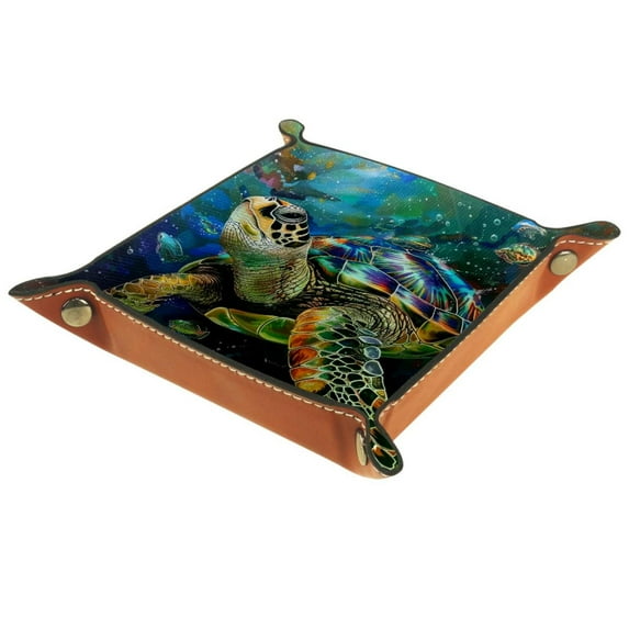 Women Girls Leather Square Dish Trinket Plate Jewelry Tray for Mothers Day Birthday Gift, Sea Turtle Ocean