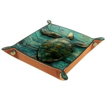 Women Girls Leather Square Dish Trinket Plate Jewelry Tray for Mothers Day Birthday Gift, Sea Turtle on Teal Wooden