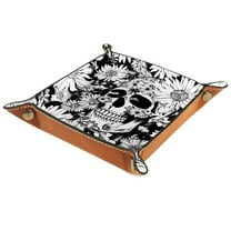 Women Girls Leather Square Dish Trinket Plate Jewelry Tray for Mothers Day Birthday Gift, Skull Daisy Pattern