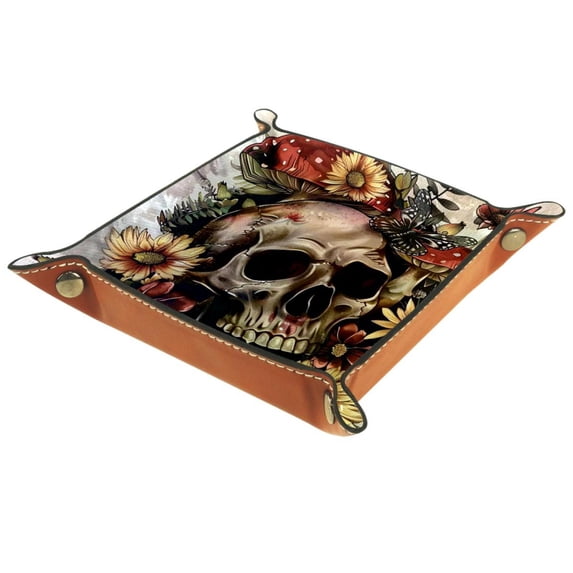 Women Girls Leather Square Dish Trinket Plate Jewelry Tray for Mothers Day Birthday Gift, Skull Mushroom Sunflowers