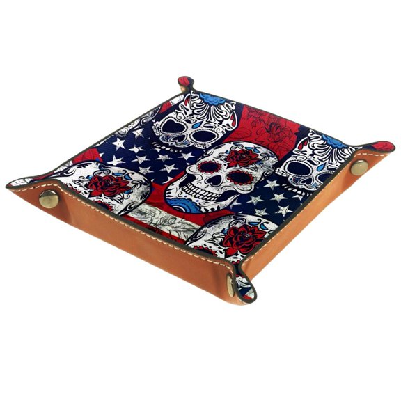 Women Girls Leather Square Dish Trinket Plate Jewelry Tray for Mothers Day Birthday Gift, Sugar Skull USA Flag