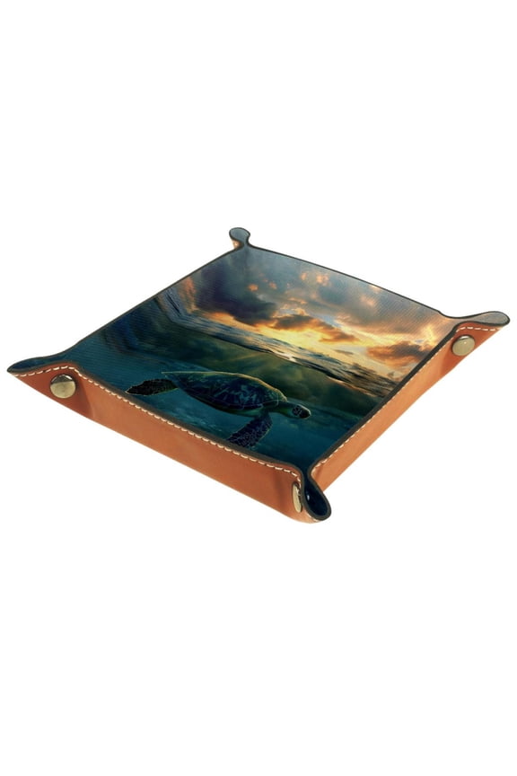 Women Girls Leather Square Dish Trinket Plate Jewelry Tray for Mothers Day Birthday Gift, Swimming Sea Turtle Painting