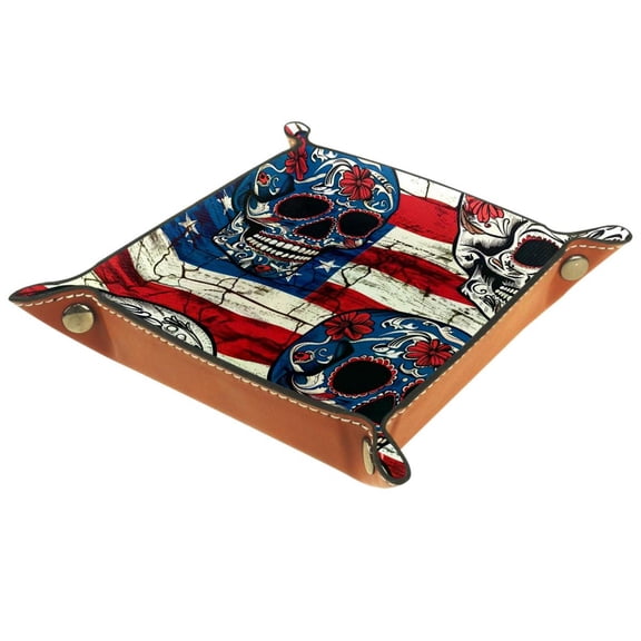 Women Girls Leather Square Dish Trinket Plate Jewelry Tray for Mothers Day Birthday Gift, USA Flag Sugar Skull
