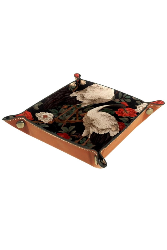 Women Girls Leather Square Dish Trinket Plate Jewelry Tray for Mothers Day Birthday Gift, White Crane Red Flower Pattern