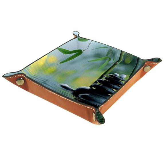Women Girls Leather Square Dish Trinket Plate Jewelry Tray for Mothers Day Birthday Gift, Zen Stones Bamboo
