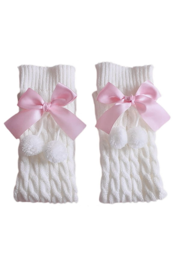 Women Girls Leg Warmers Sweet Bow Plush Ball Foot Cover Knitted Knee High Socks