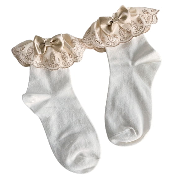 Women Girls Lolita Sweet Bow Crew Socks Embroidery Lace Ruffled Ankle Hosiery