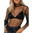 thumbnail image 1 of Women Girls Mesh Sheer Shine Rhinestone Crop Top Long Sleeve Turtleneck T-Shirt Blouse Tops, 1 of 6