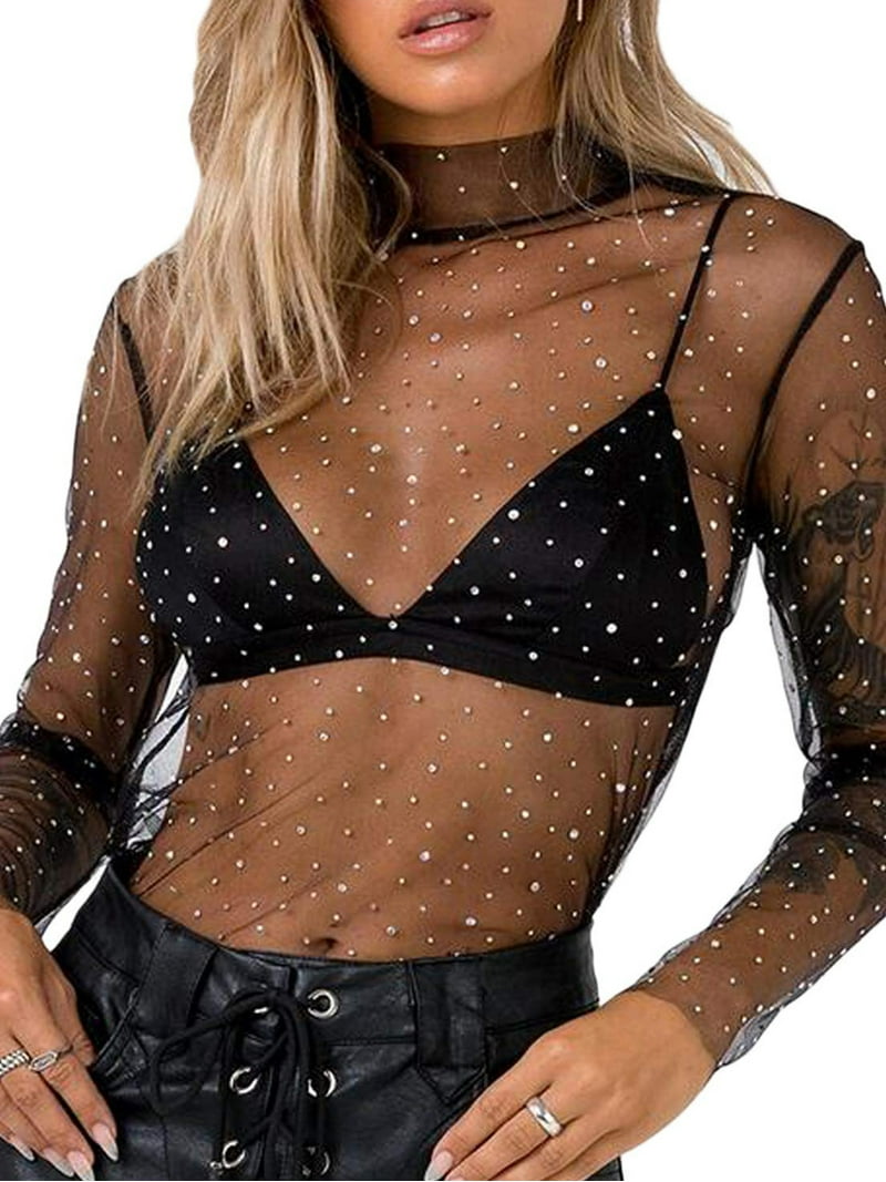 リテン Sheer Sculpture Tops Women Girls Mesh Sheer Shine Rhinestone Crop Top Long Sleeve