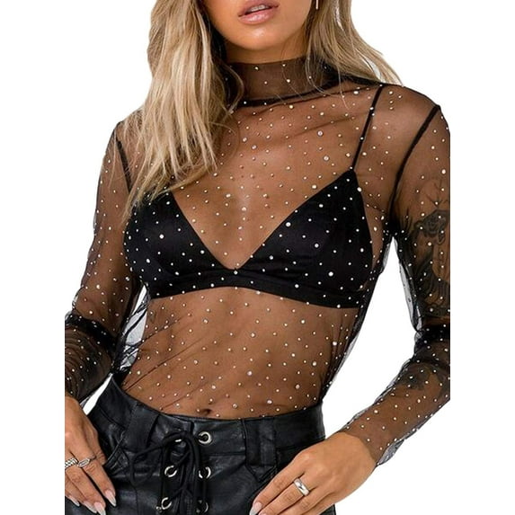 Women Girls Mesh Sheer Shine Rhinestone Crop Top Long Sleeve Turtleneck T-Shirt Blouse Tops