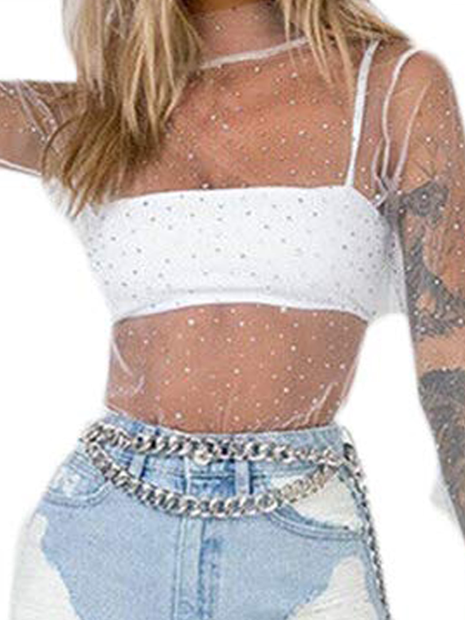 Long sleeve rhinestone mesh T-shirt - Tops and corsets - BSK Teen