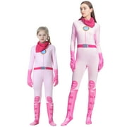 Women & Girls Princess Peach Biker Costume, Super Brothers Pink Jumpsuit for Adults Kids Halloween Party