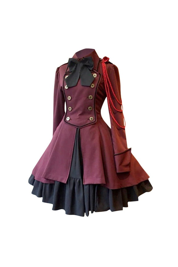 Women Girls Renaissance Gothic Dress Long Sleeves Ruffle Dress with Bows Button A Line Swing Vintage Plus Size Dress