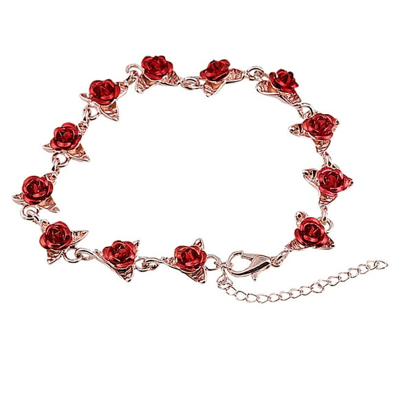 Women Girls Rose Flower Charm Bracelet Vintage Rose Temperament Valentine's Day Gift Bracelet,Rose Gold Color Link Chain Romantic Bracelet With Red Enamel Rose Jewelry