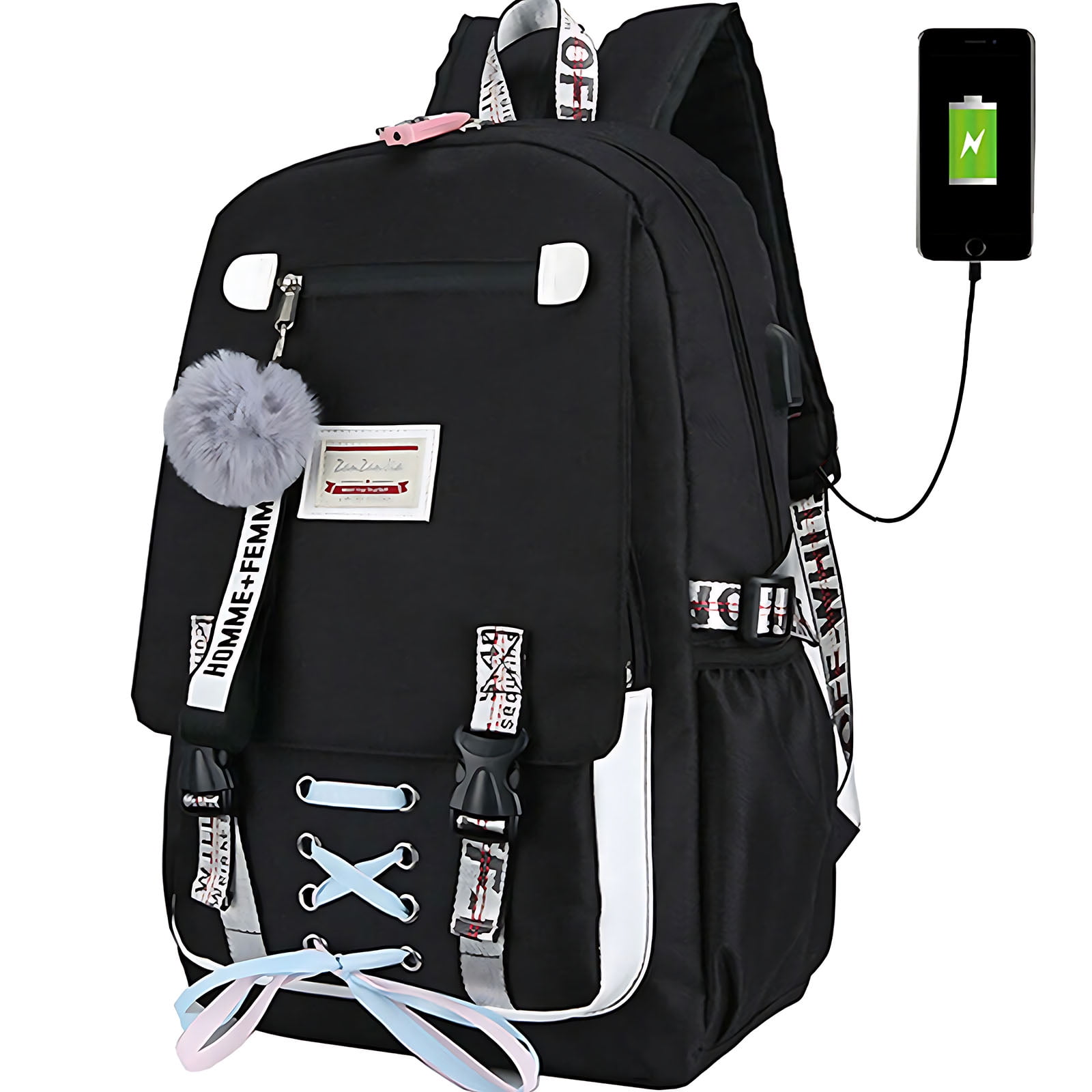 Black School Backpacks for Girls with USB Charging Port Book Bags Black/Pink/Grey