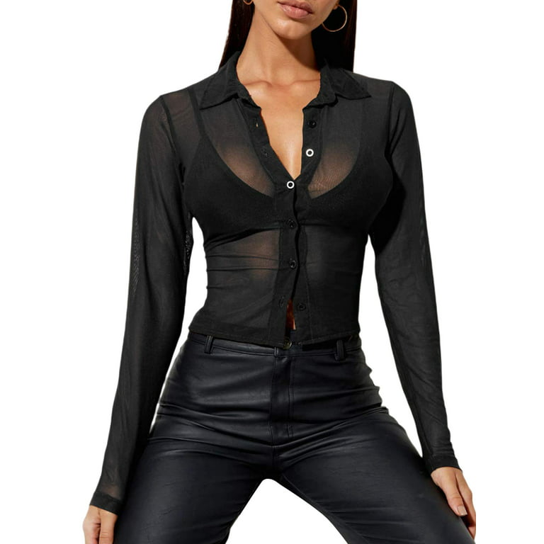 Women Girls Sexy Mesh Crop Top Shirt Long Sleeve Solid Colour See Through  Button Closure Slim Fit T-Shirt TransparentBlouse Cardigan Y2K Party Club  Streetwear 