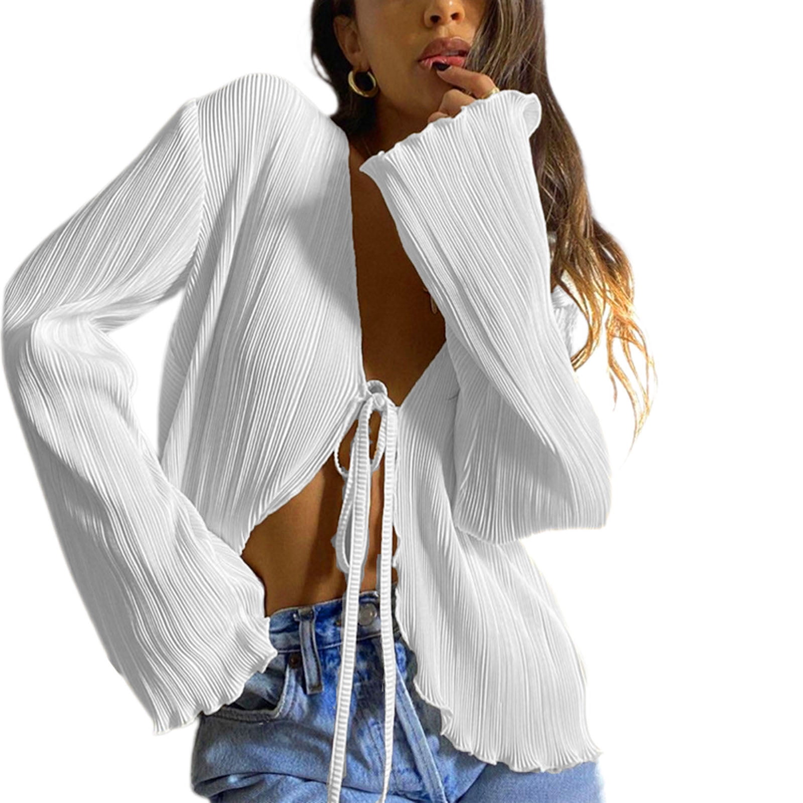 Women Girls Sheer Blouse Wild Flare Sleeve Tie Up Shirt Frill Decor Y2k  Cropped Cardigan Top Aesthetic Clothes