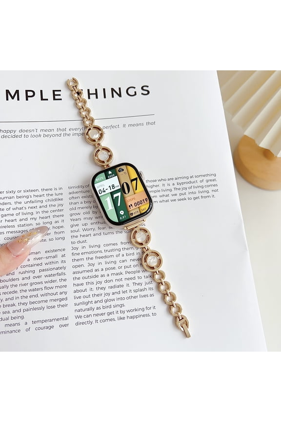 Women Girls Smartwatch Band for iWatch Series 9 8 7 6 5 4 SE 3 2 1, Zinc Alloy Adjustment Mother of Pearl Chain Stylish Bracelet Strap for Apple Watch 41mm 40mm 38mm, Gold