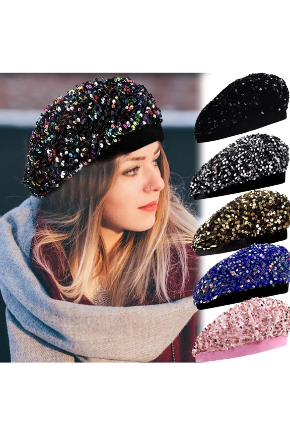 Women Girls Sparkly Sequin Beret Hat Fashion Fun Stretch Beanie Cap Headwear for Festival Party Club