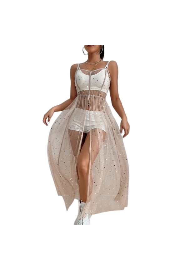 Women Girls Sparkly Sequin See-Thru Spaghetti Strap Maxi Dress Split Beach Pool Party Coverup Mesh Cover Ups