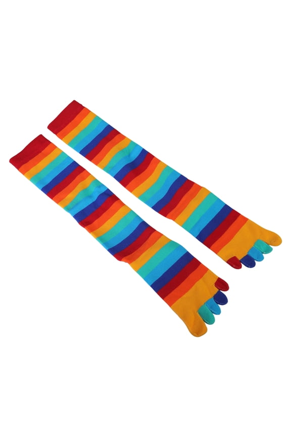 Women Girls Split Toe 5 Finger Calf Socks Rainbow Colorful Striped Printed Breathable Cotton High Tube Hosiery