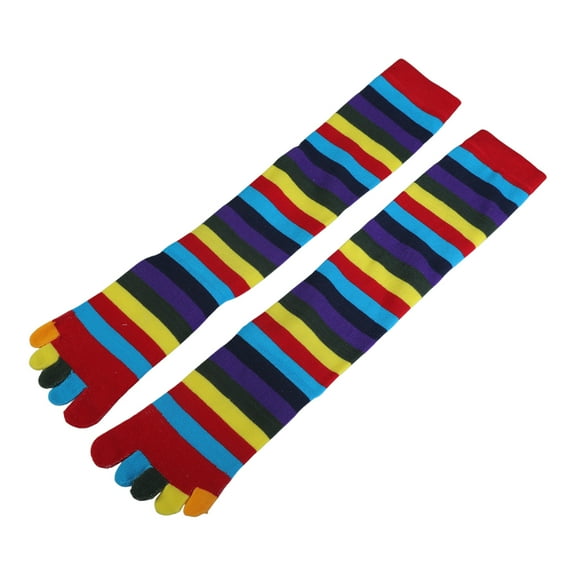 Women Girls Split Toe 5 Finger Calf Socks Rainbow Colorful Striped Printed Breathable Cotton High Tube Hosiery