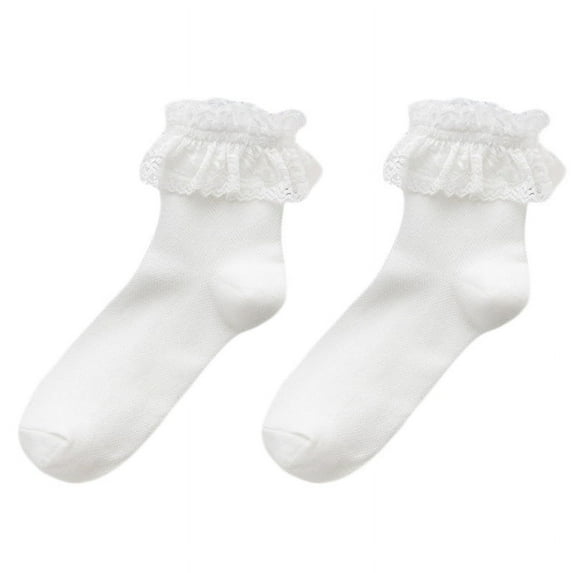 Women Girls Sweet Ruffle Frilly Lace Short Crew Socks Japanese Lolita Kawaii School Solid Color Breathable Mesh Hosiery