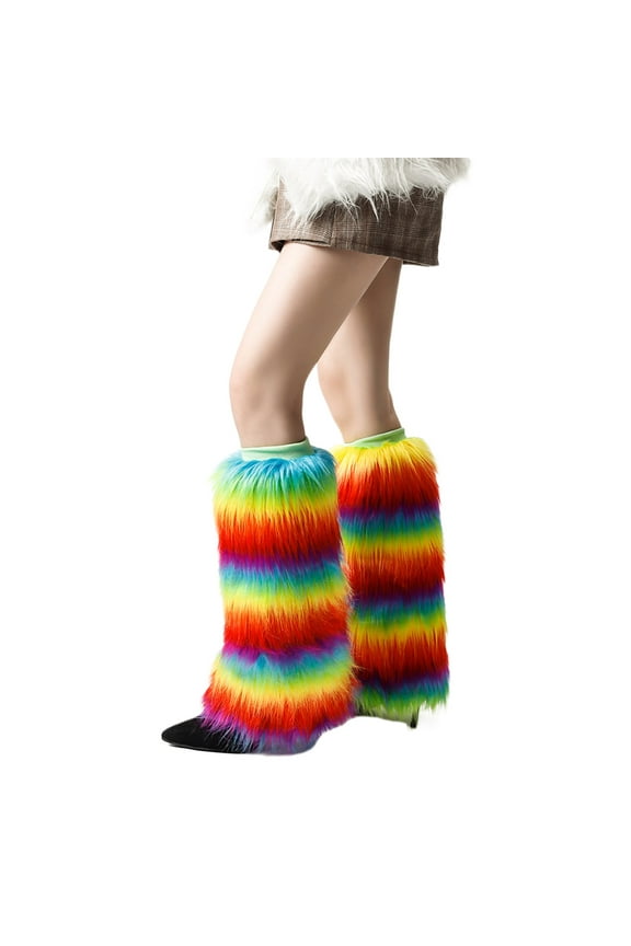 Women Girls Vintage Warm Rainbow Furry Bright Leg Warmers Fuzzy Leg Cover Boot Cuff Long Socks for Winter Days