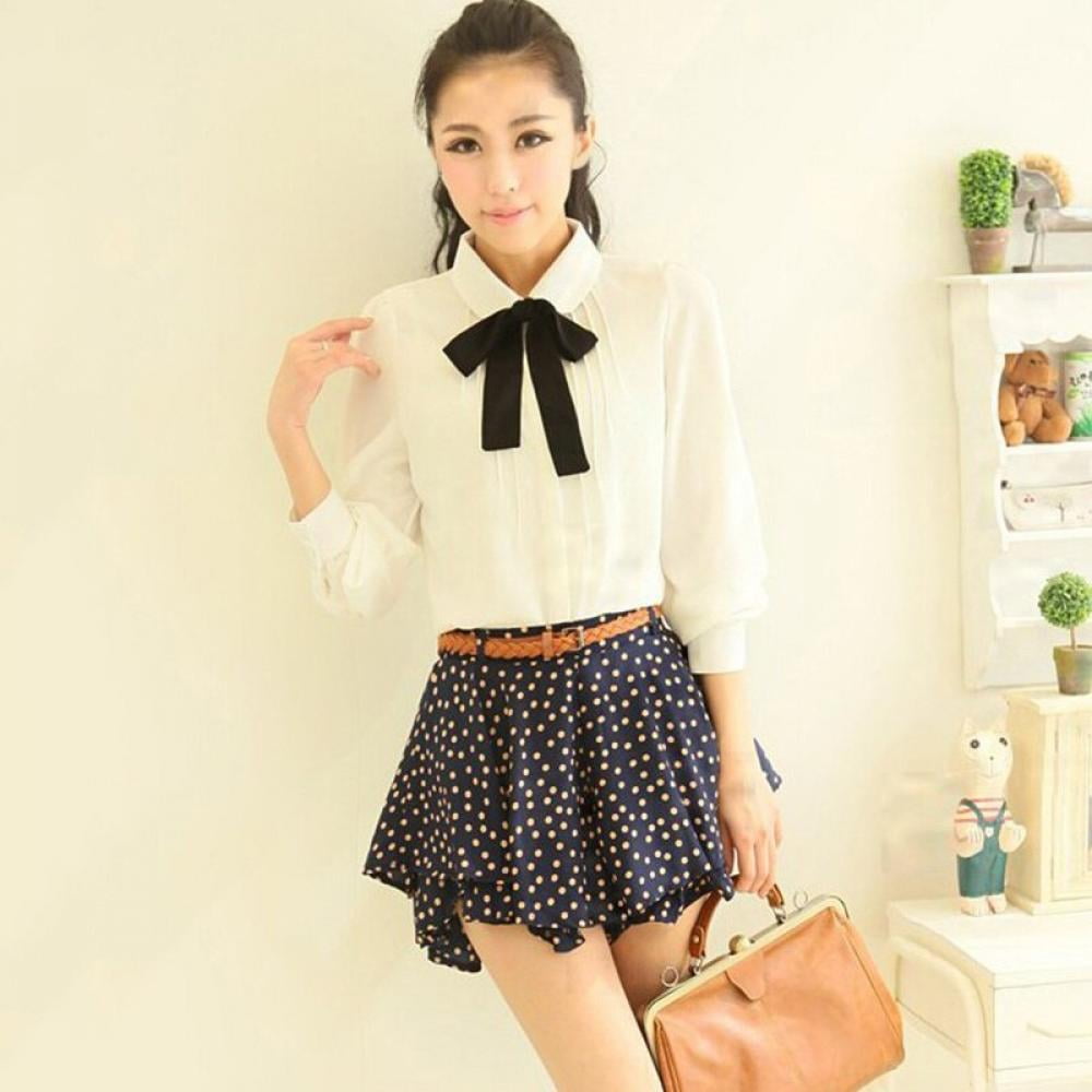 Women Girls White Chiffon Blouses Ladies Tops Shirt Female 2