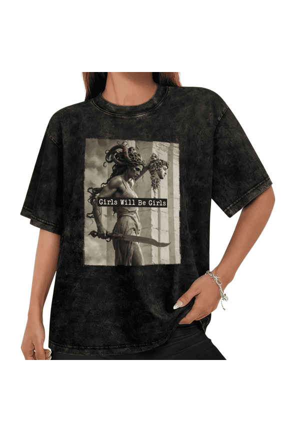 Women Girls Will Be Girls Warrior Medusa Graphic T-Shirt Tops Round neck Printed Cotton Washed T Shirt Black S-2XL Plus Size